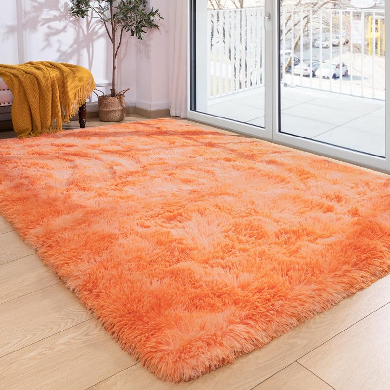 Softlife Orange Area Rug for Living Room, Fluffy Shag Plush 5x8 Rugs for Bedroom Girls Kids, Shaggy Soft Fuzzy Tie Dyed Large Carpet for Dorm Bedside Ultra Cozy Non-Slip Indoor Decor - Image 1